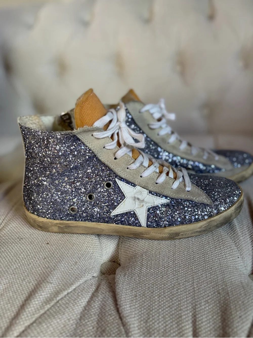 Golden Goose-Style Women's High-Top Glitter Sneakers in Blue Silver